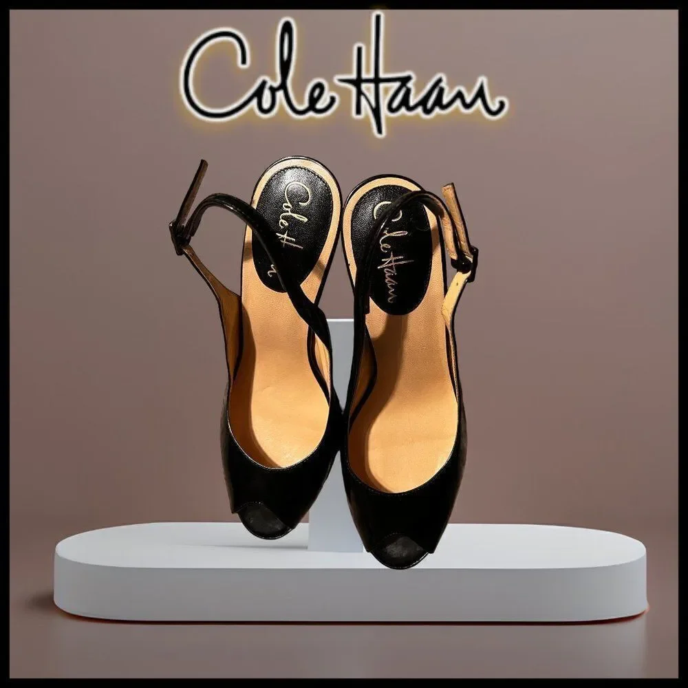 Cole Haan Air Women's Black Patent Leather Peep-Toe Slingback Heels Size 9 AA